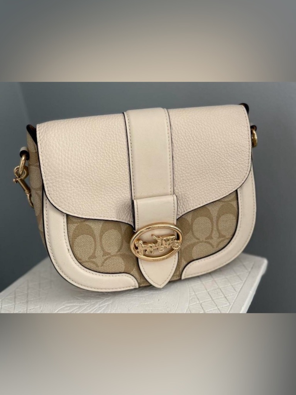 Coach Cream & Tan Signature Saddle Crossbody with Gold Hardware